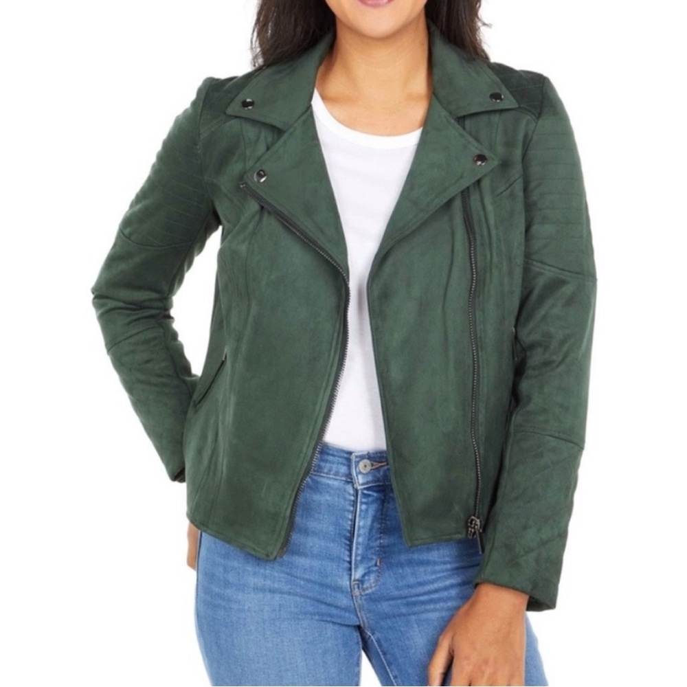 Kut from the Kloth Faux Suede Leather Jacket Motorcycle Women’s S Dark Green